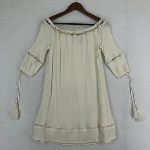 Wrangler Women's Medium Ivory Boho Tassel Sleeve Off The Shoulder Shift Dress